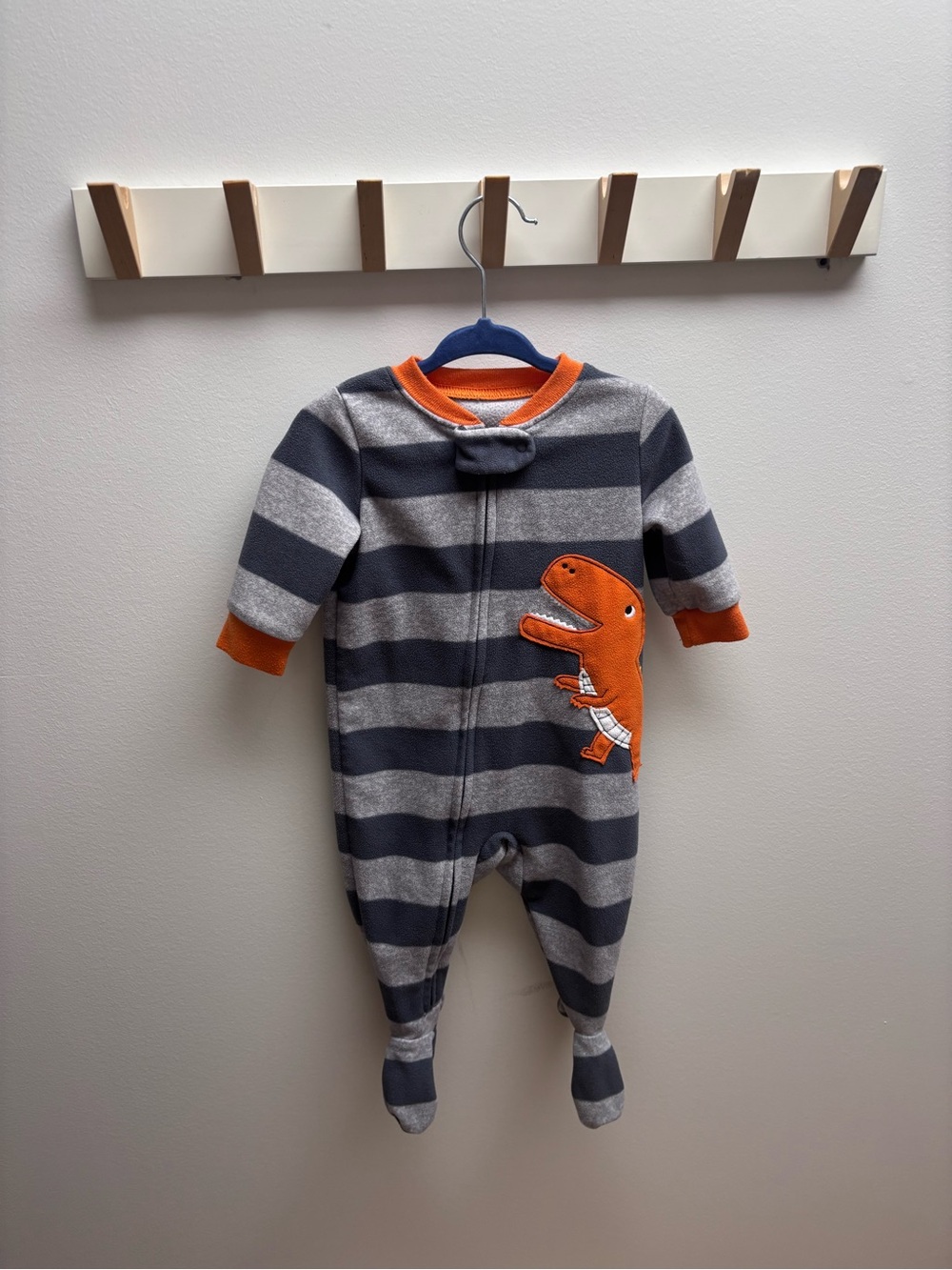 (5 for $20) Striped Gray & Orange Dino Fleece Footed One-Piece